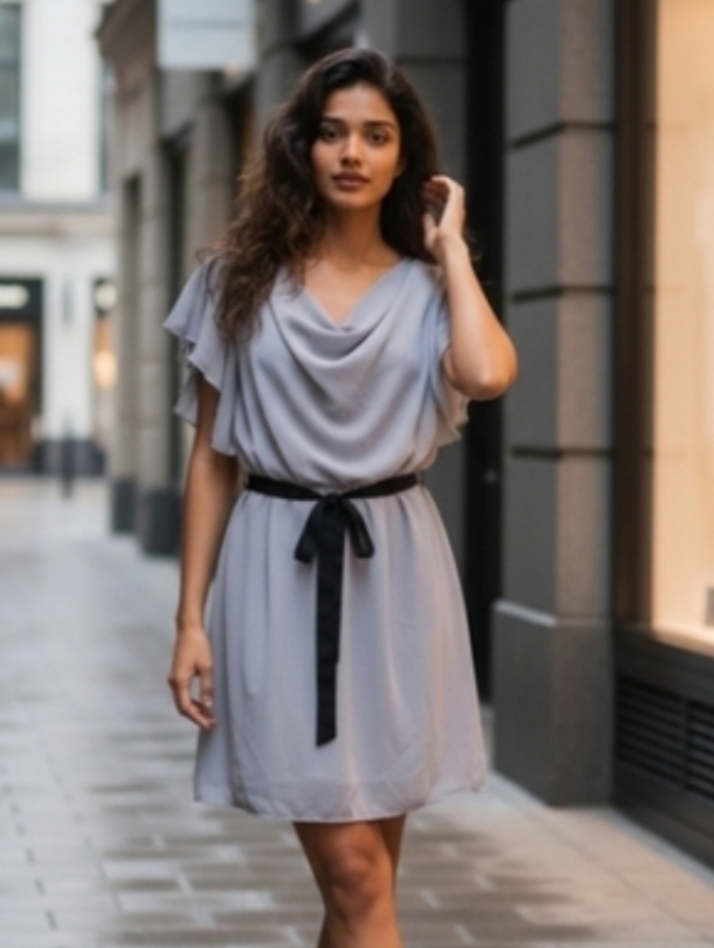 Allegra K  Gray Flutter Sleeve Cowl Neck Mini Belted Chiffon Dress Size L